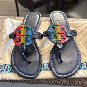 Tory Burch Navy Sandals with Colorful Logo